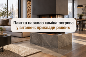 Плитка навколо каміна-острова у вітальні: приклади рішень фото